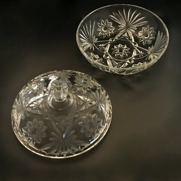 VTG Anchor Hocking Prescut Star of David Pattern Clear Glass Snack Bowl with Lid - Picture 3 of 4